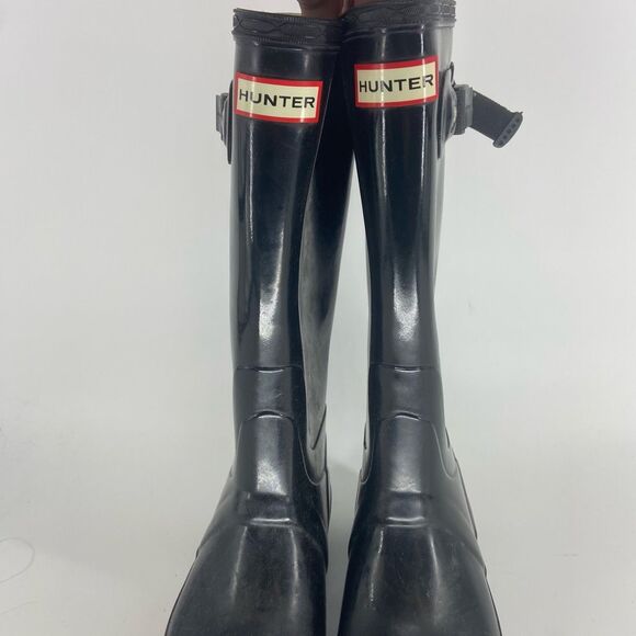Hunter Women’s Black Gloss Round Toe Adjustable Rain Boots Size 7 - Picture 2 of 6